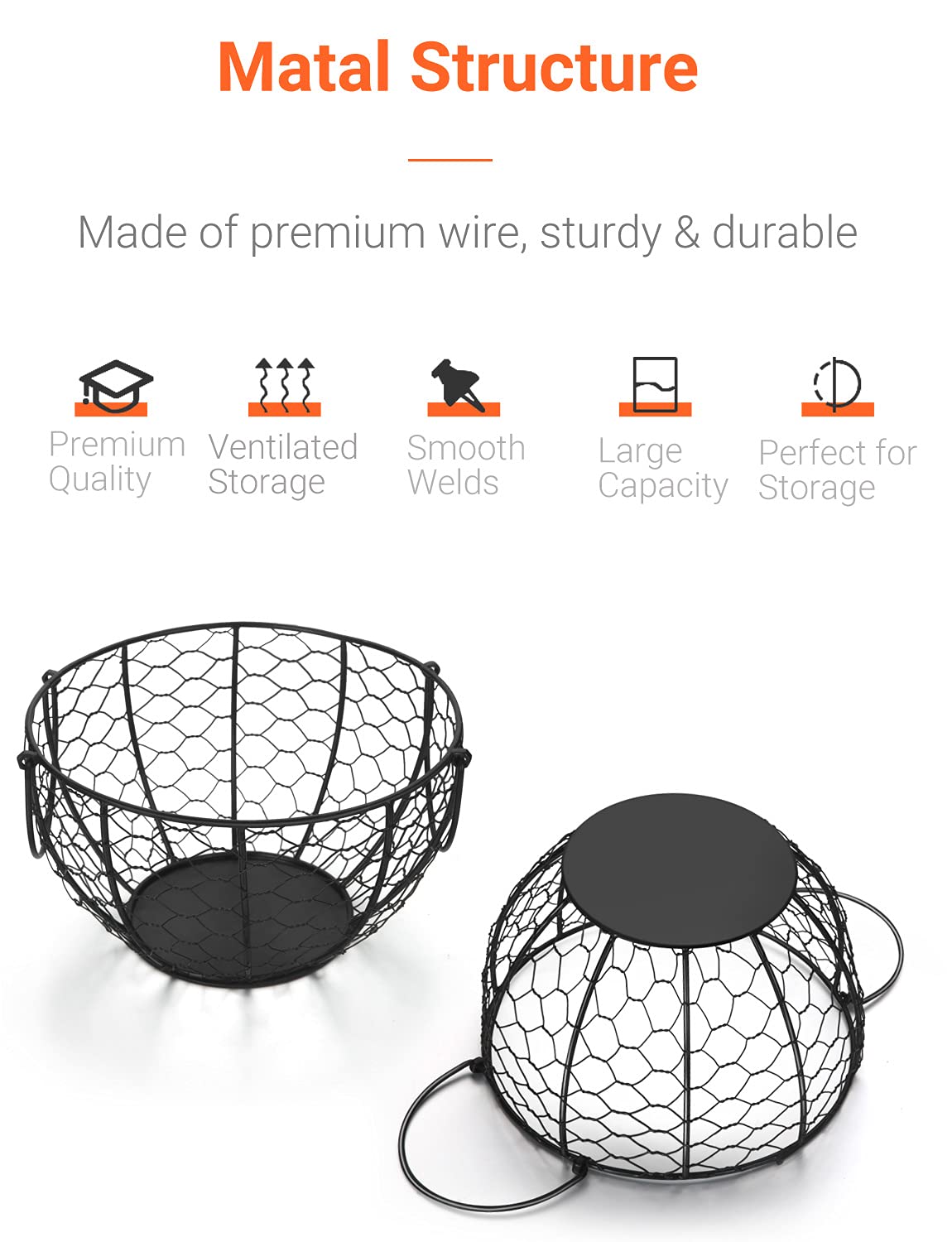 WILLIZTER Round Wire Basket Black Fruit Basket Bowl Fruit Holder for Kitchen with Handle Black Home Storage for Vegetables, Snacks, Household Items Decor