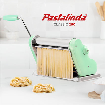 PASTALINDA Classic 260 Pasta Maker Machine, 26 cm Wide Rollers, 9 Thickness Positions, 2 Cutting Positions, Stainless Steel. Includes Reinforced Hand Crank And Two Clamps (Pastel Green)