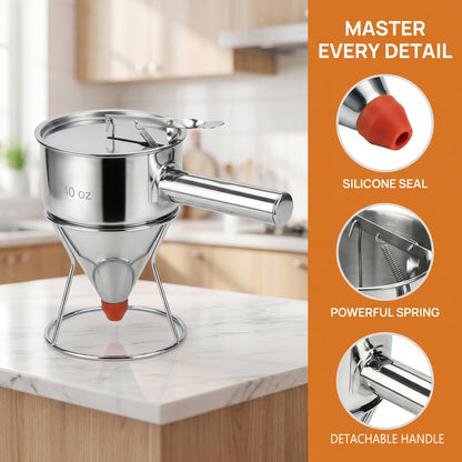 40oz 304 Stainless Steel Pancake Batter Dispenser With Dustproof Lid 4 Interchangeable Nozzles&Detachable Handle Perfect For Parent-Child Baking, Holiday Parties, Cupcakes Waffles。