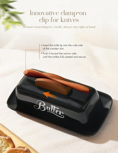Black Butter Dish with Lid and Knife，Black Butter Tray，Ceramic Butter Holder for Counter Humanized Clamp-able Knife Handle Design Perfect for East West Coast Butter