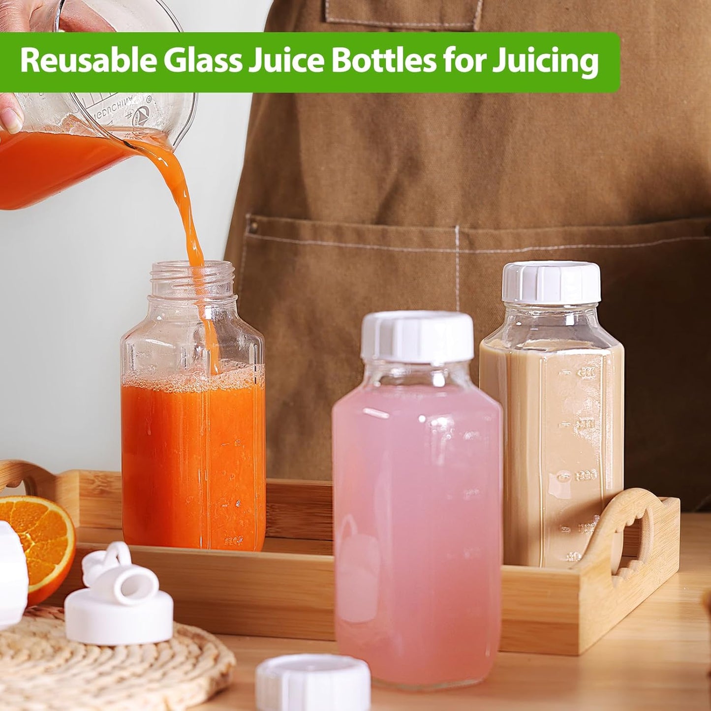 12 Pack 16 Oz CUCUMI Glass Milk Bottles with Lids, Glass Juice Bottles with Scale & Silicone Pour Spout, Reusable Juice