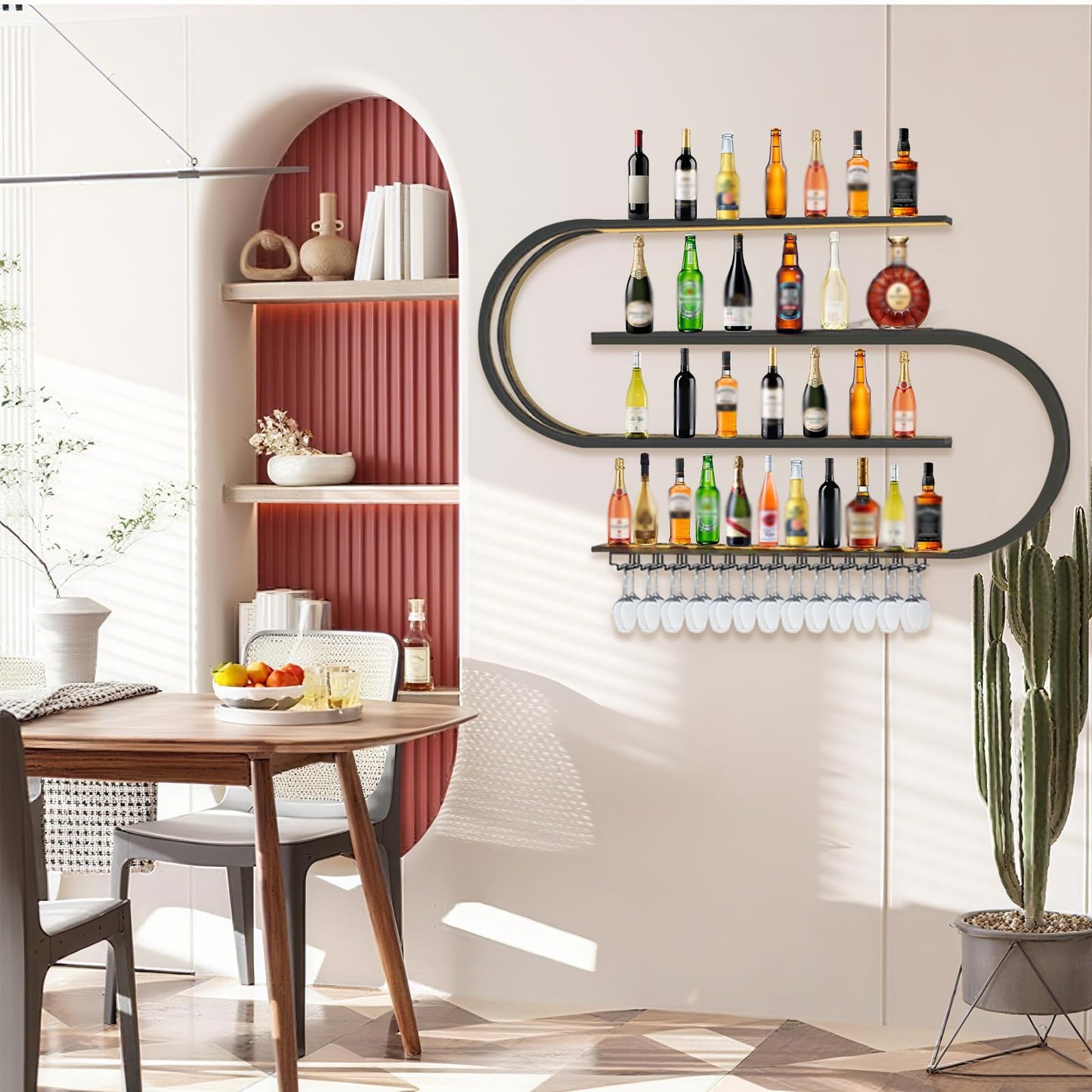 amhricho 78.7in Large Wine Rack with LED Light, Half Round Wall Mounted Wine Rack, 4-Tiers Liquor Bottles Floating Shelves Display Storage for Home Bar Dining Room (Black, 78.7 * 7.87 * 47.2INCH)