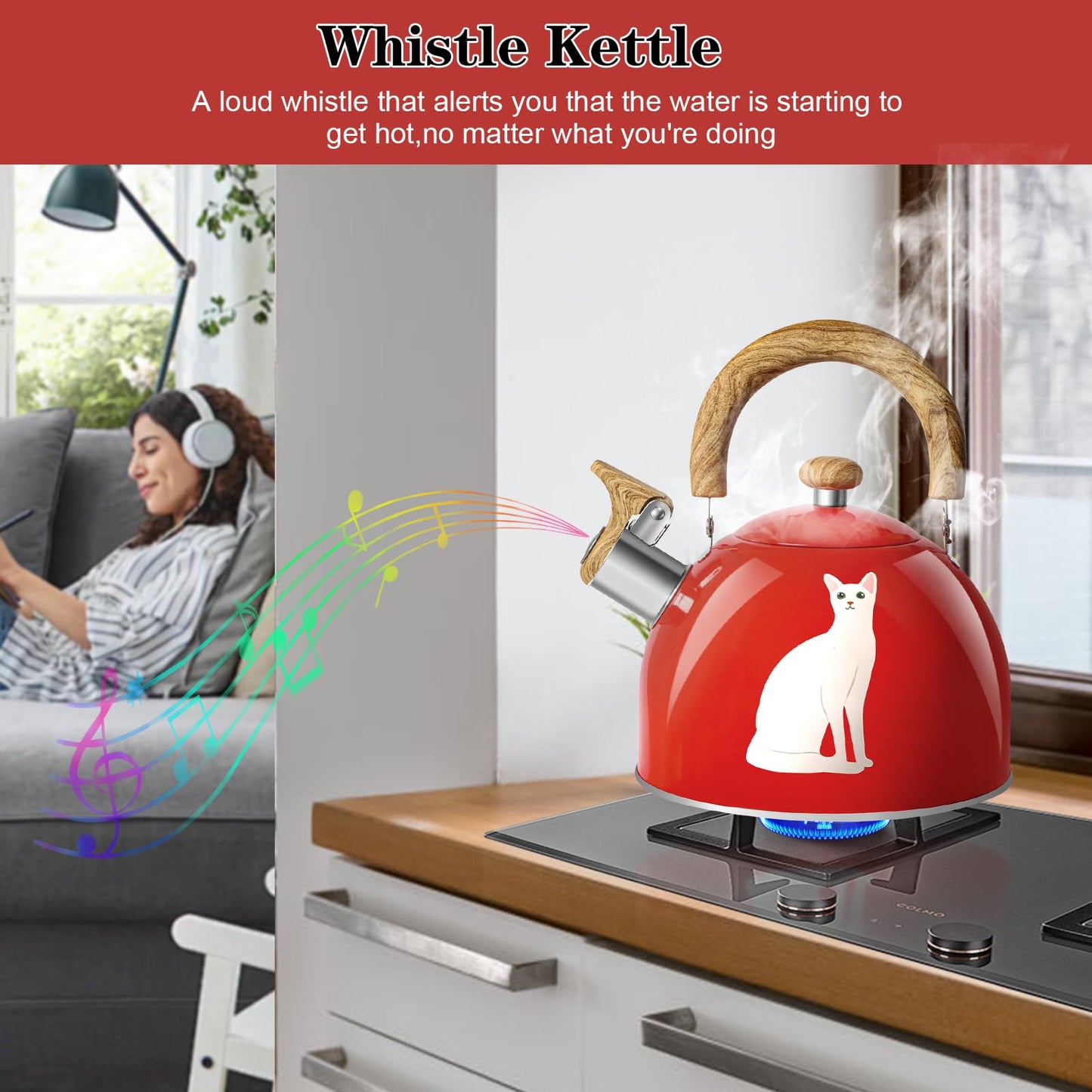 ARC Stainless Steel Red Whistling Tea Kettle, Magic Color Changing Design 2-Quart Stovetop Kettle Whistle Teapot with Folding Cup & Trivet Mat