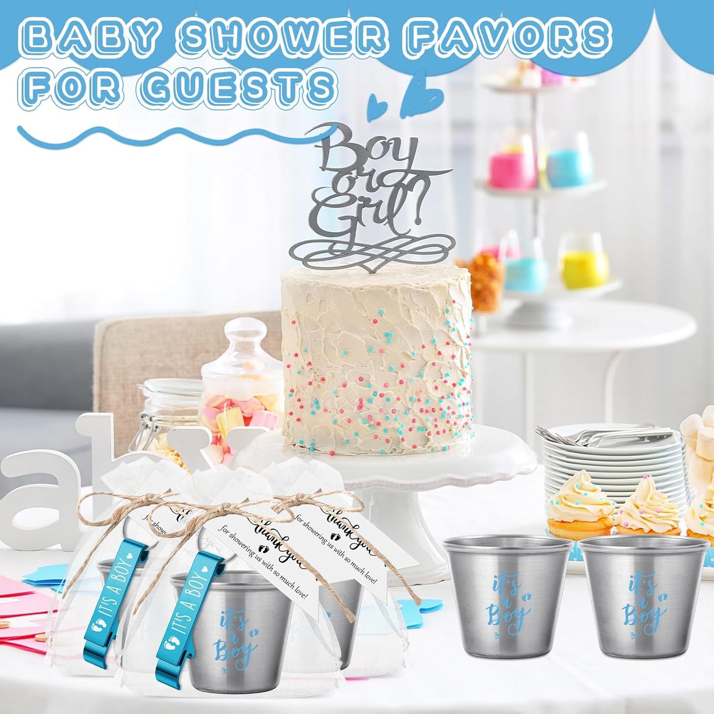 25 Sets 1.5 oz Vesici Baby Shower Favors for Guests Stainless Steel Shot Glasses Cute Bottle Opener Keychains Thank You