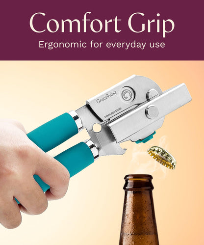 Graceliving Premium Multifunctional Magnetic Manual Can Opener and Bottle Opener, Heavy Duty Stainless Steel Sharp Cutting Blade and Oversized Easy Turn Knob, Soft-Touch Handle, Kitchen Use, Teal