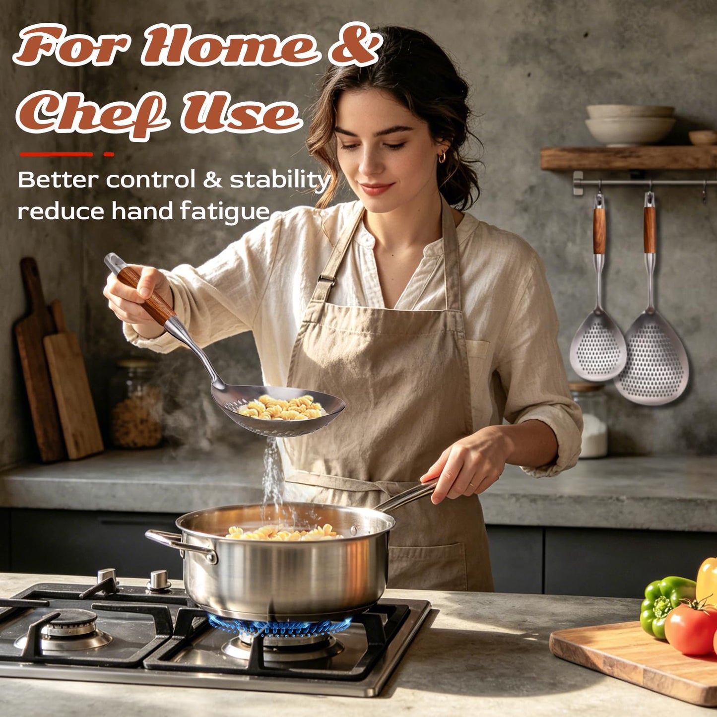 MARTE Skimmer Slotted Spoon,304 Stainless Steel Pasta Spider Strainer Ladle for Frying and Cooking,Kitchen Colanders & Food Strainers Set of 2，Slotted Spoon with Heat-Resistant Solid Wood Handle