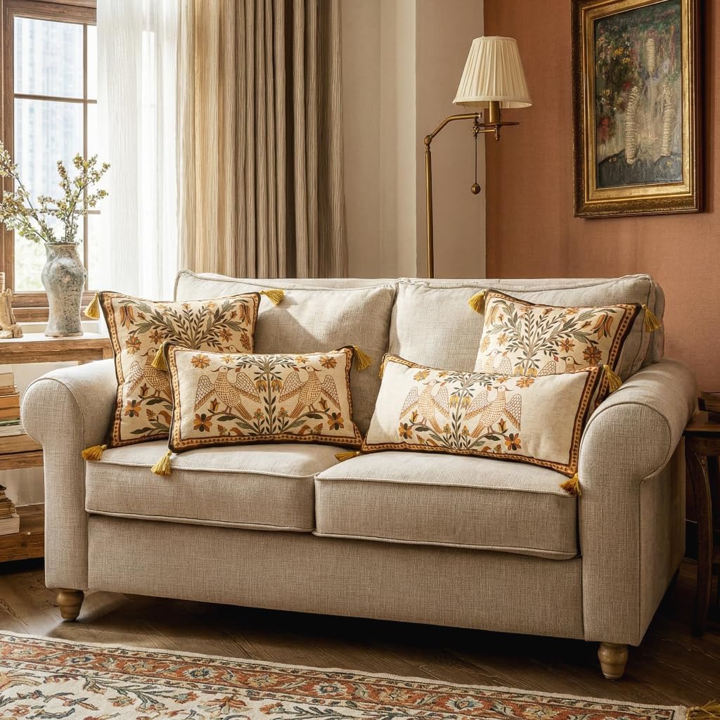 18"x18" bilin gaier Square Brown Throw Pillow Covers,Floral Farmhouse Yellow Birds Flower Pattern Linen Accent Pillows