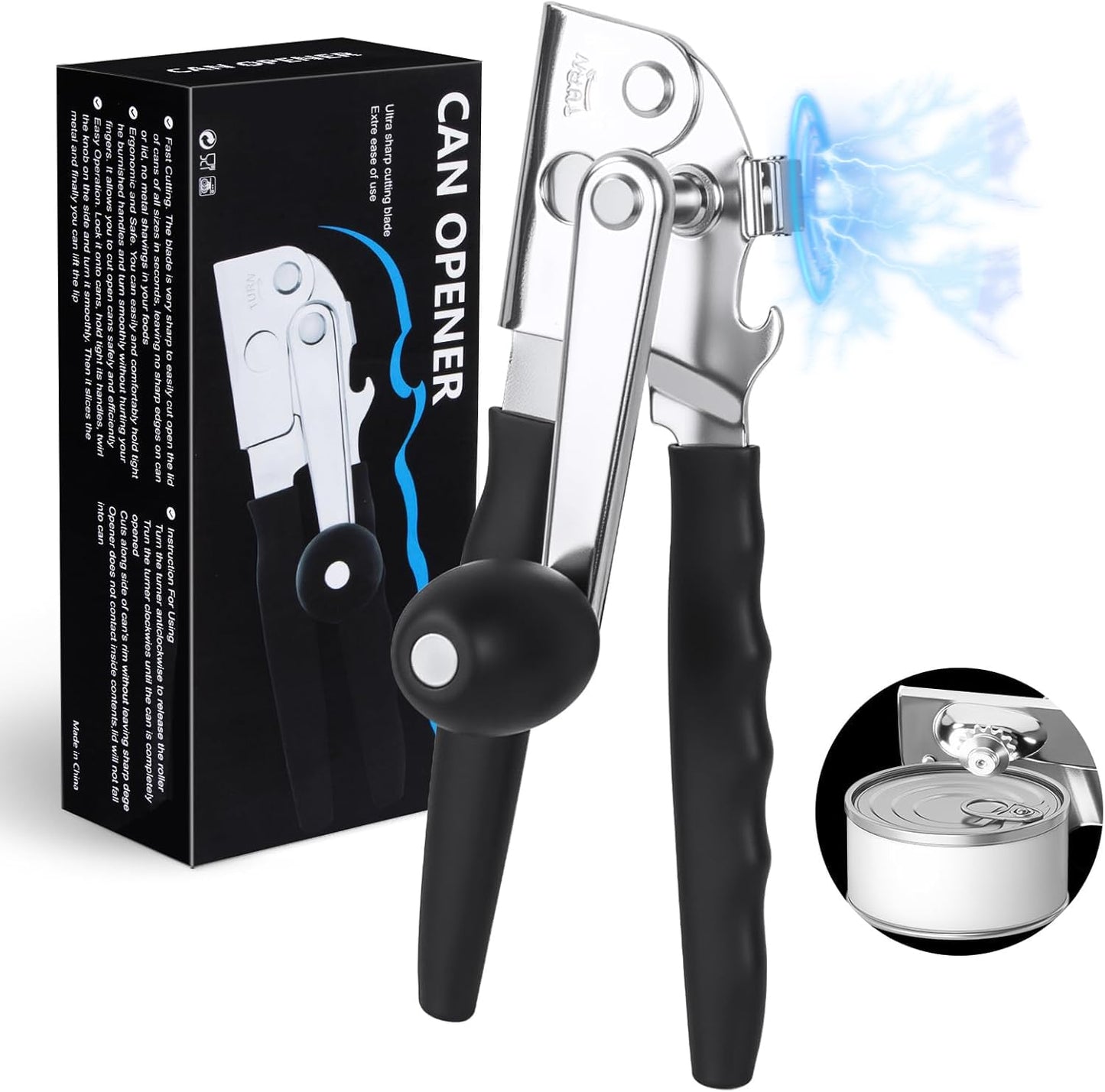 [Upgrade] Commercial Can Opener, Durable All-Steel Construction - RICKUNCL Hand Crank Can Opener with Magnet, Comfortable Extra-long Handles, Oversized Knob, Professional Ergonomic & Easy for Big Cans