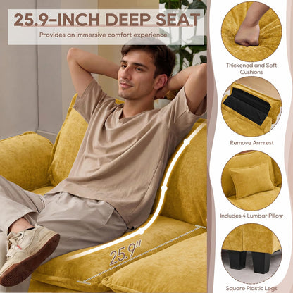 IPKIG 154" Modular Sectional Sofa, Chenille C-Shaped Sectional Couch Comfy Upholstered Seat Sofa with Ottoman, Deep Seat Cloud Couch Sofa for Living Room, Yellow