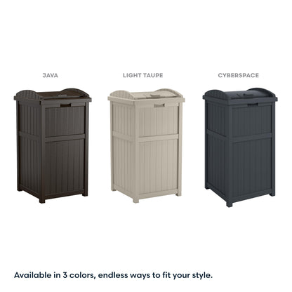 Suncast 33 Gallon Durable resin Hideaway Outdoor Garbage Can with Secure Lid and Wicker Design for Home Backyards, Decks, or Patios, Java Brown