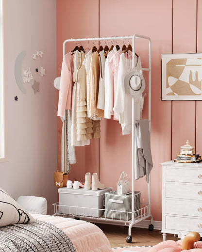 Clothes Rack, Multi-Functional Rolling Garment Rack with Metal Storage Basket and Side Flexing Bar (White)