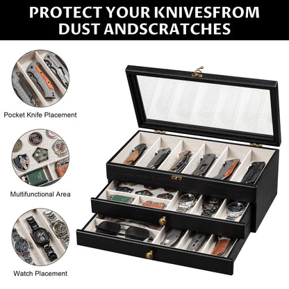 Yoimori Knife Display Case, 3-Layer Pocket Knife Case Display & Storage Knives, Solid Wood Knife Case for Collections, Gift for Boyfriend Fathers Day Birthday Gifts(Black)