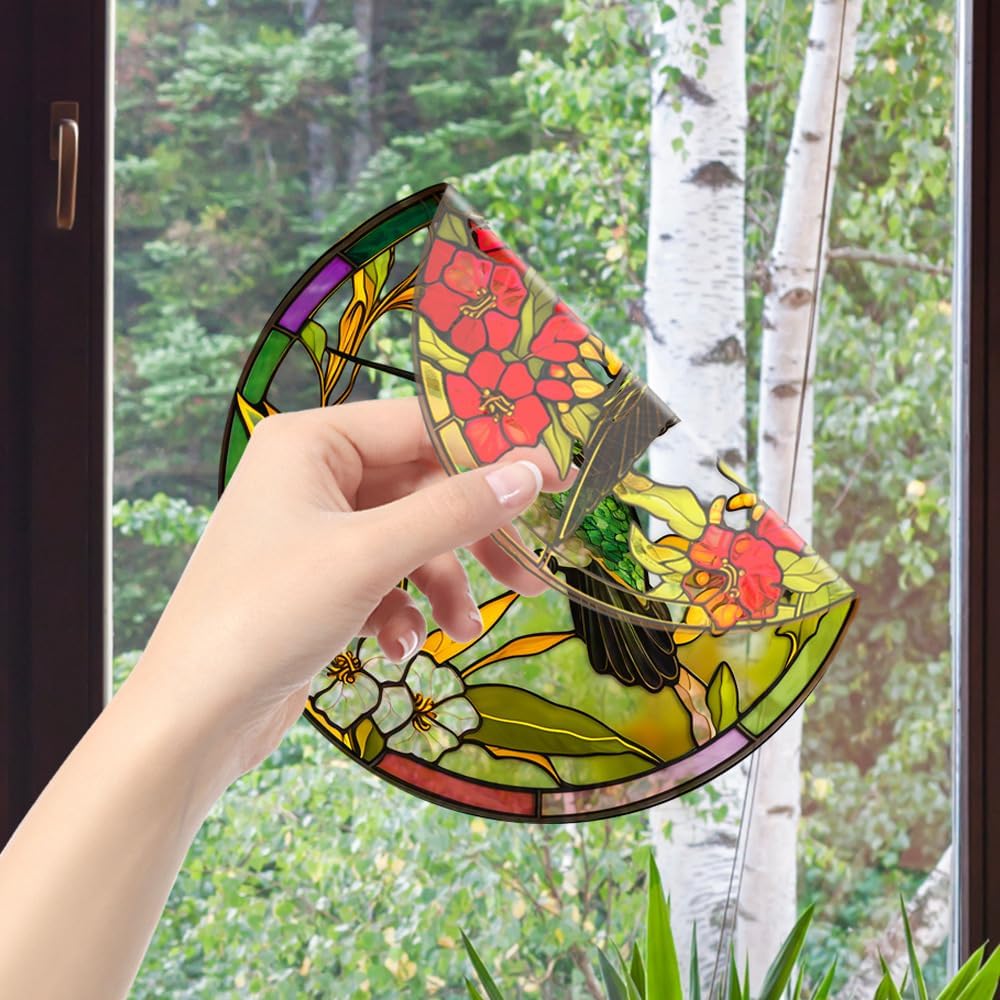Hummingbird Static Glass Clings, Window Decals for Home Decor, Reusable Flower and Bird Design