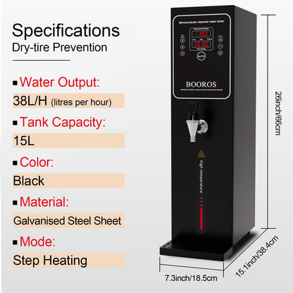 BOOROS Commercial Hot Water Dispenser Black Hot Water Dispenser Countertop 15L Commercial Hot Water Boiler, 24-Hour Timer,1500W Step-heating 38L(10GAL)/Hour for Restaurant,Hotel,Office,Home,Capacity