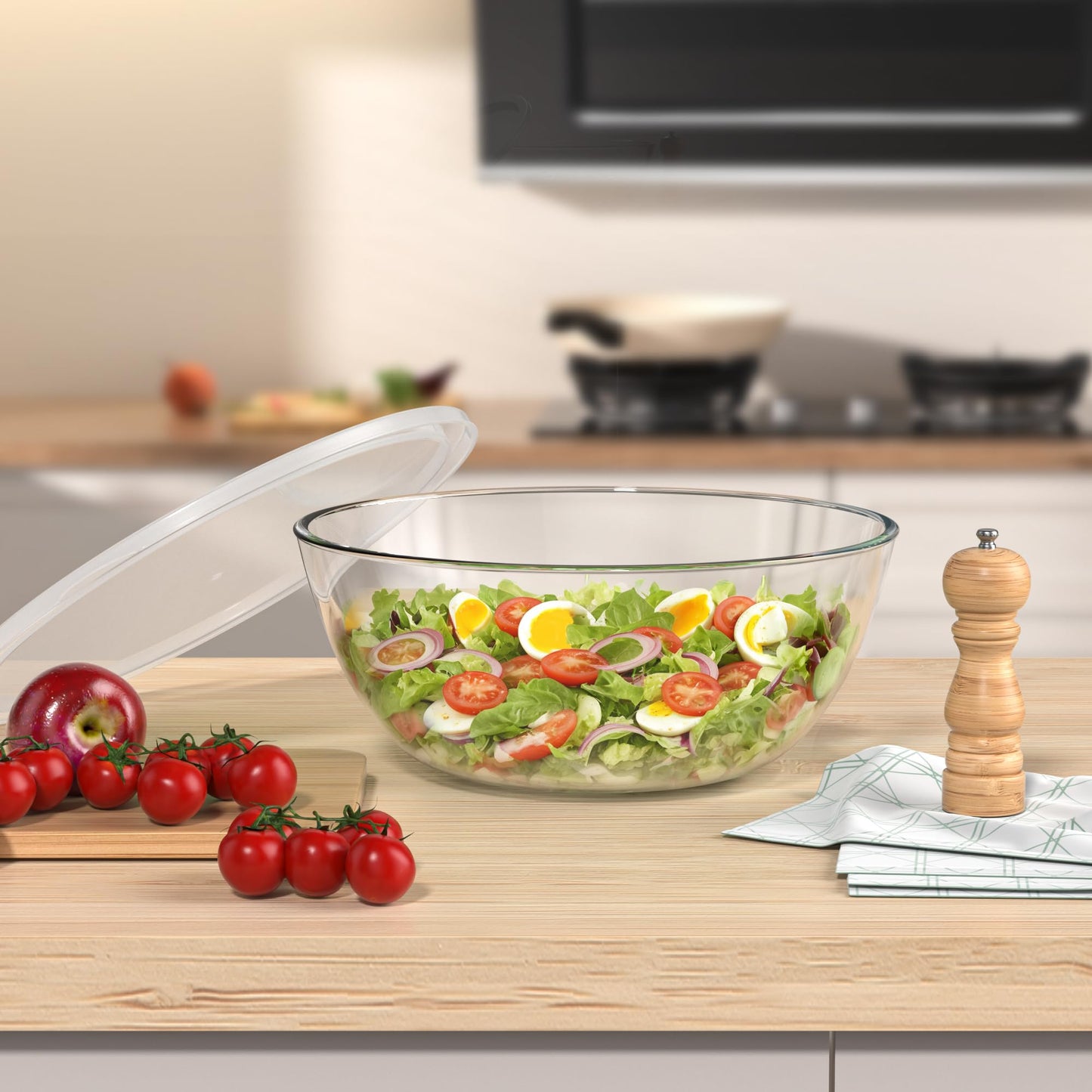 Quald 4.7 Qt Extra Large Glass Mixing Bowls Clear Glass Salad Cooking Bowls for Kitchen Salad Bread Storage