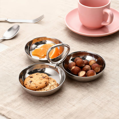 Leopacat Stainless Steel Snack Plate, Cluster Serving Bowls Connected 3 In 1 Fruit Bowl Plate Reusable Dessert Plates for Fridge Simple Tray Portable Home Kitchen Party Candy（ Ring style)