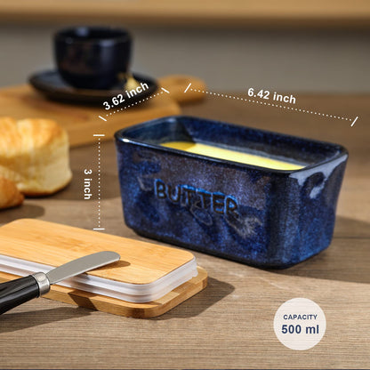 Vicrays Porcelain Airtight Lid Butter Container with Knife - Large Blue Butter Keeper Crock for Countertop