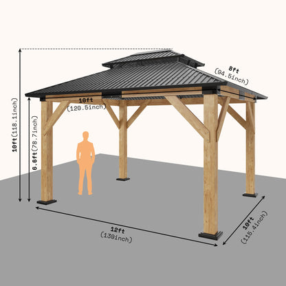 AMERLIFE 10x12 Spruce Wood Gazebo, Hardtop Gazebo with Aluminum Double Roof, Outdoor Pergola with Wood Frame for Parties, Backyard, Lawns, Patio