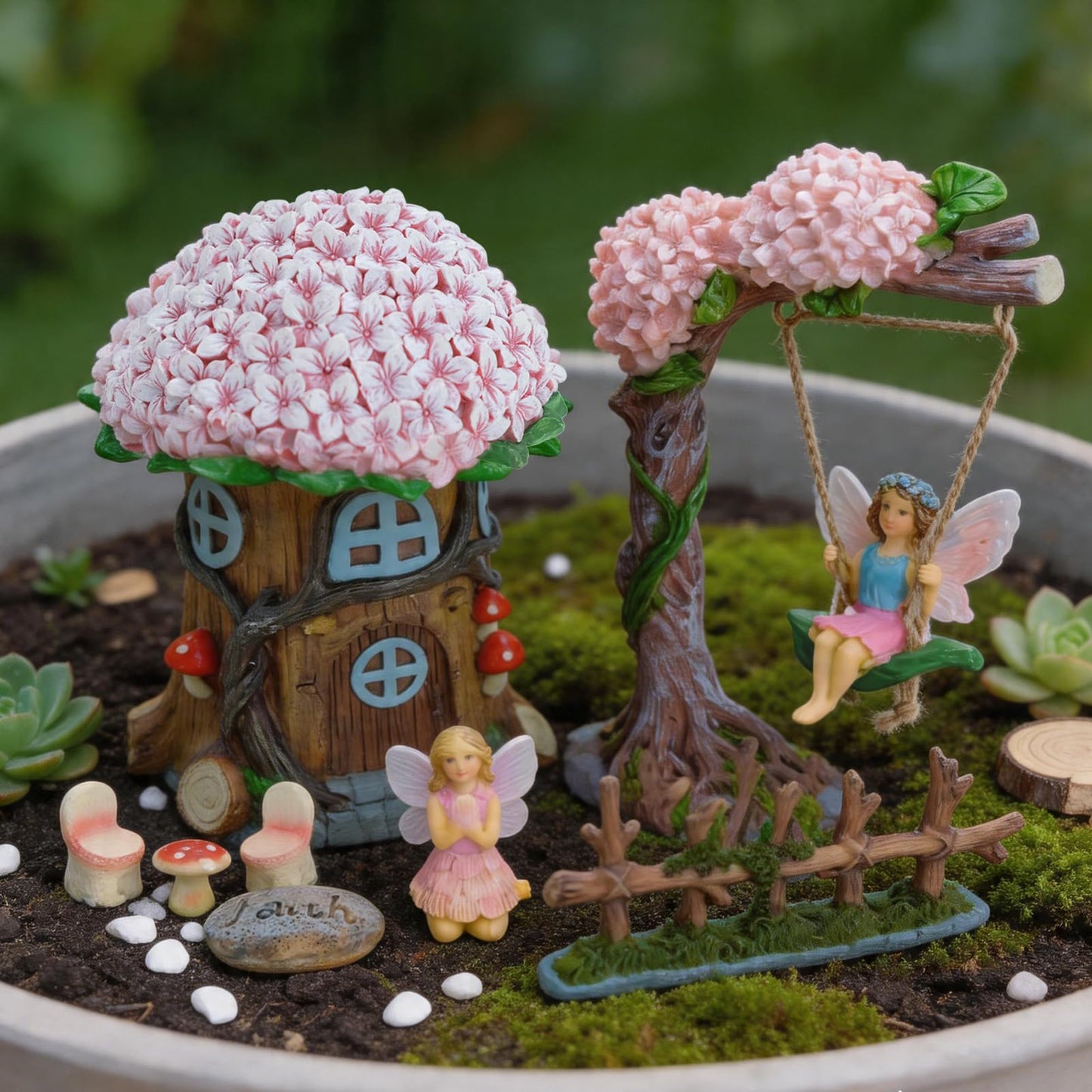 Landoraloria Miniature 8 Pcs Mini Garden Furniture, Fairy Garden Accessories Kit, Resin Figurines with Swing Set, Whimsical Theme, for Outdoor Patio, Yard, Lawn, or Desk