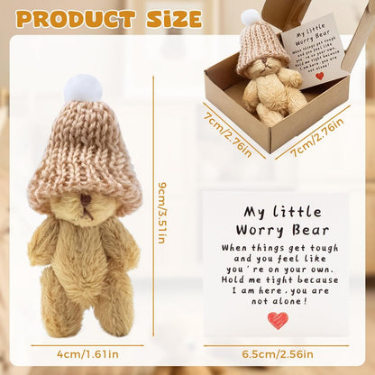 KCMOSGI Mini Worry Bear with A Hat, Positive Mini Bears, Little Worry Bears in A Box with Encouragement Little Card, Soft Handmade Pocket Bear for Lovers, Family, Friend