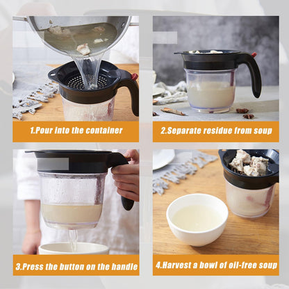 Fat Separator Cup with Bottom Release Button, Heat-Resistant Grease Separator for Gravy and Soup, 1L Oil Separator Measuring Cup with Handle, Easy Clean Kitchen Cooking Tool (Black)