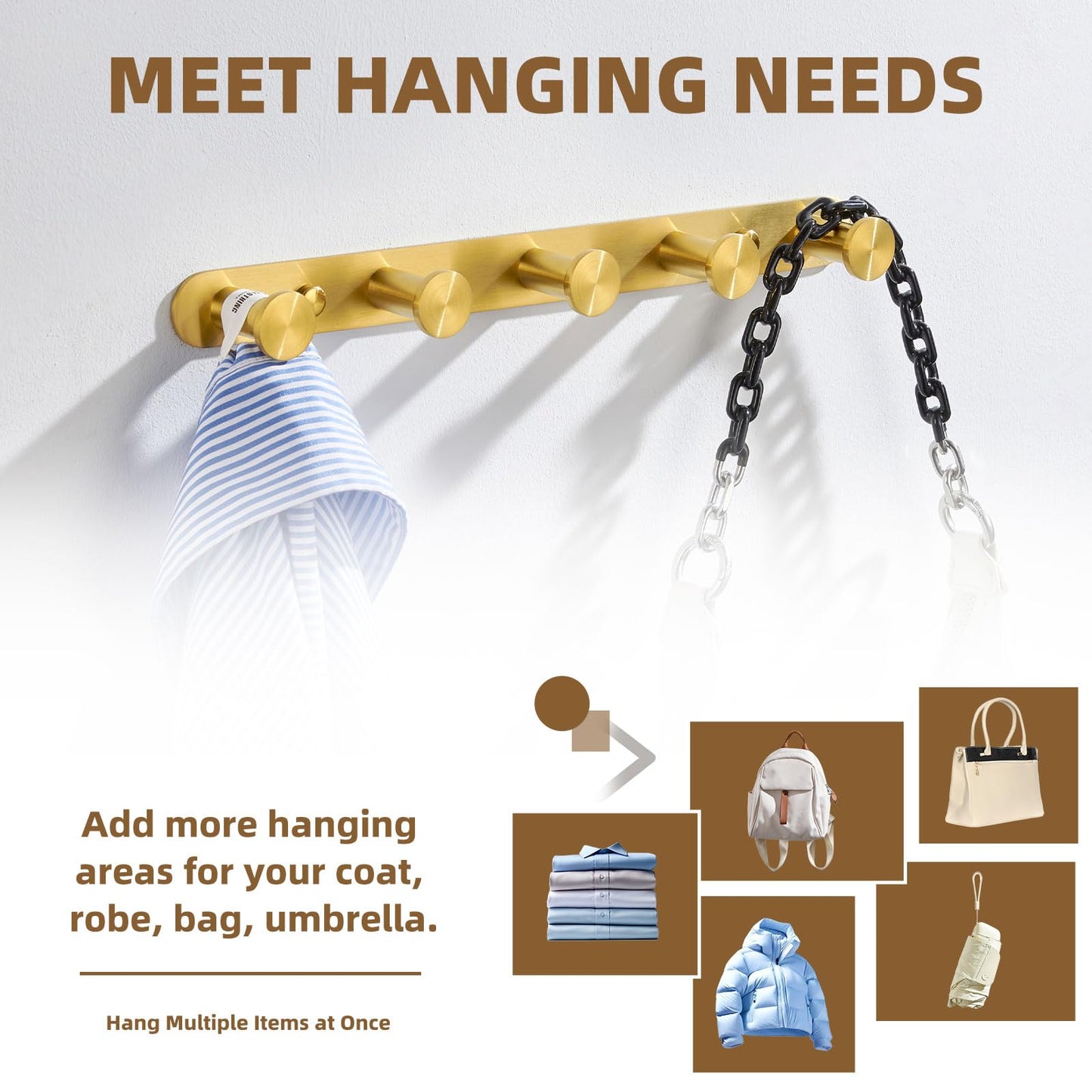 Angle Simple Towel Hook Rack Brushed Dark Gold, SUS304 Stainless Steel Bathroom Hook Rail 5 Hooks, Utility Kitchen Towel Holder, Wall Mount