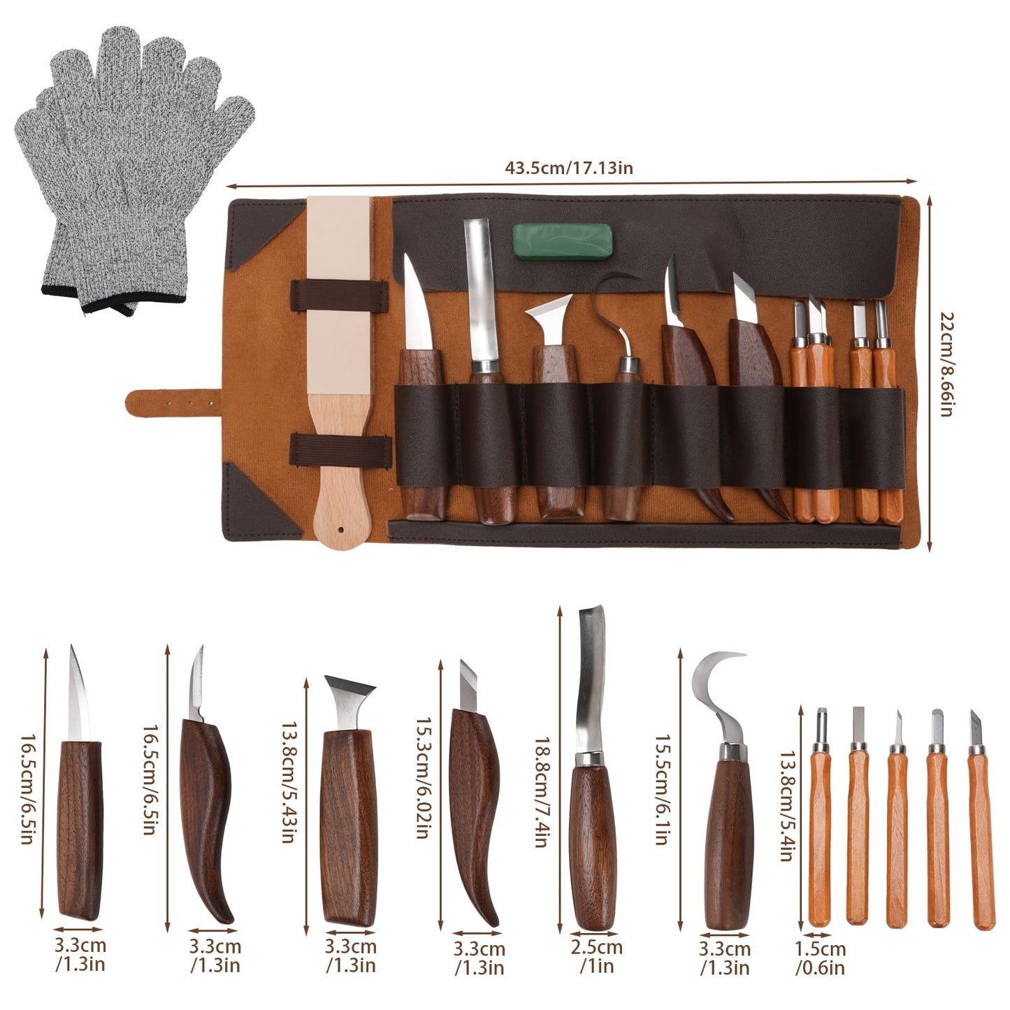 15PCS Wood Carving Kit, Wood Carving Tools Wood Whittling Kit Walnut Handle Wood Scraper with Polishing and Sharpening Stone for Beginner Adults Wood Carving DIY