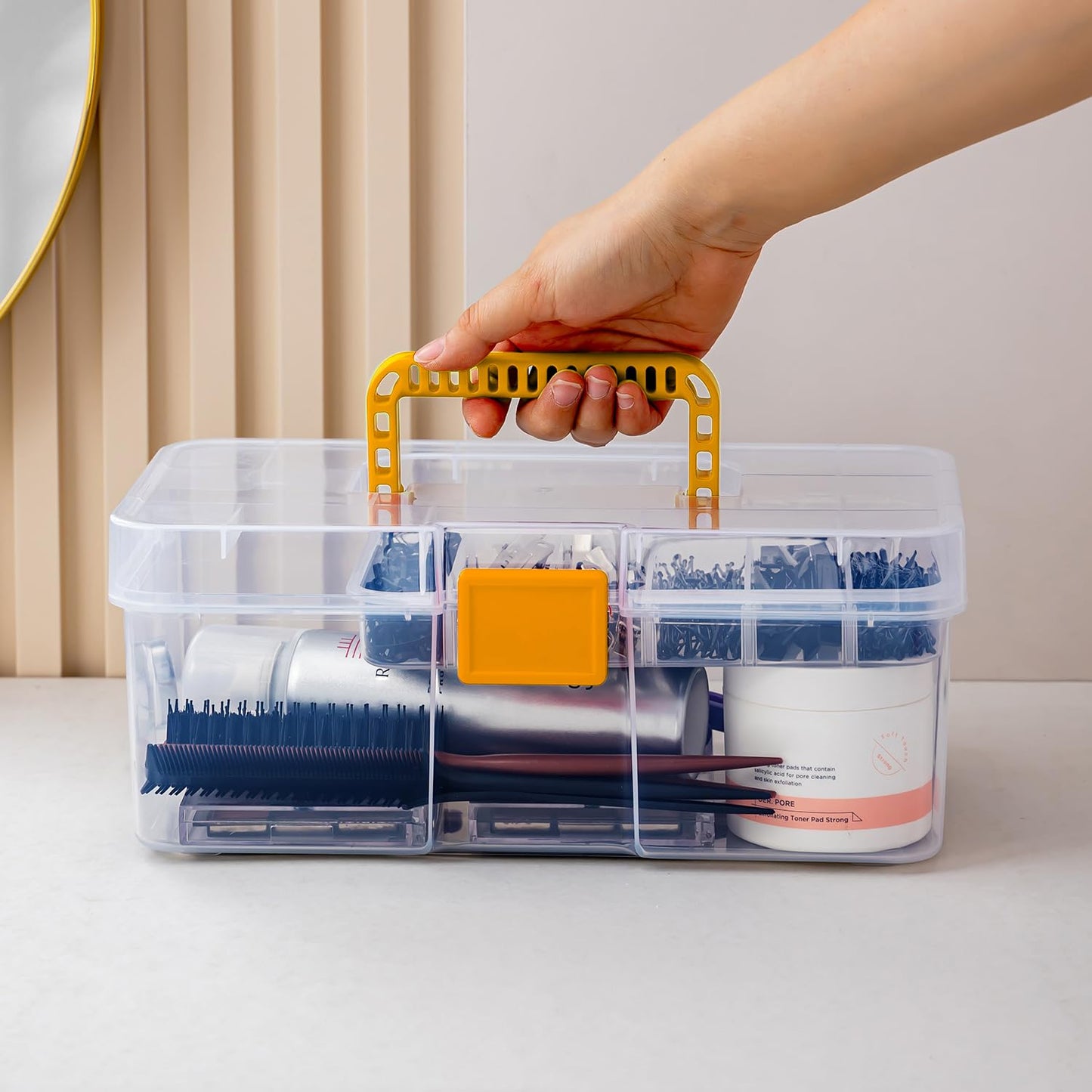 Vidifor Plastic Clear Portable Handled Storage Box with Adjustable Dividers Art Supply Organizer Multipurpose Home Utility Box for Craft, Sewing, Medicine, Makeup, Office Supplies (L, Clear)