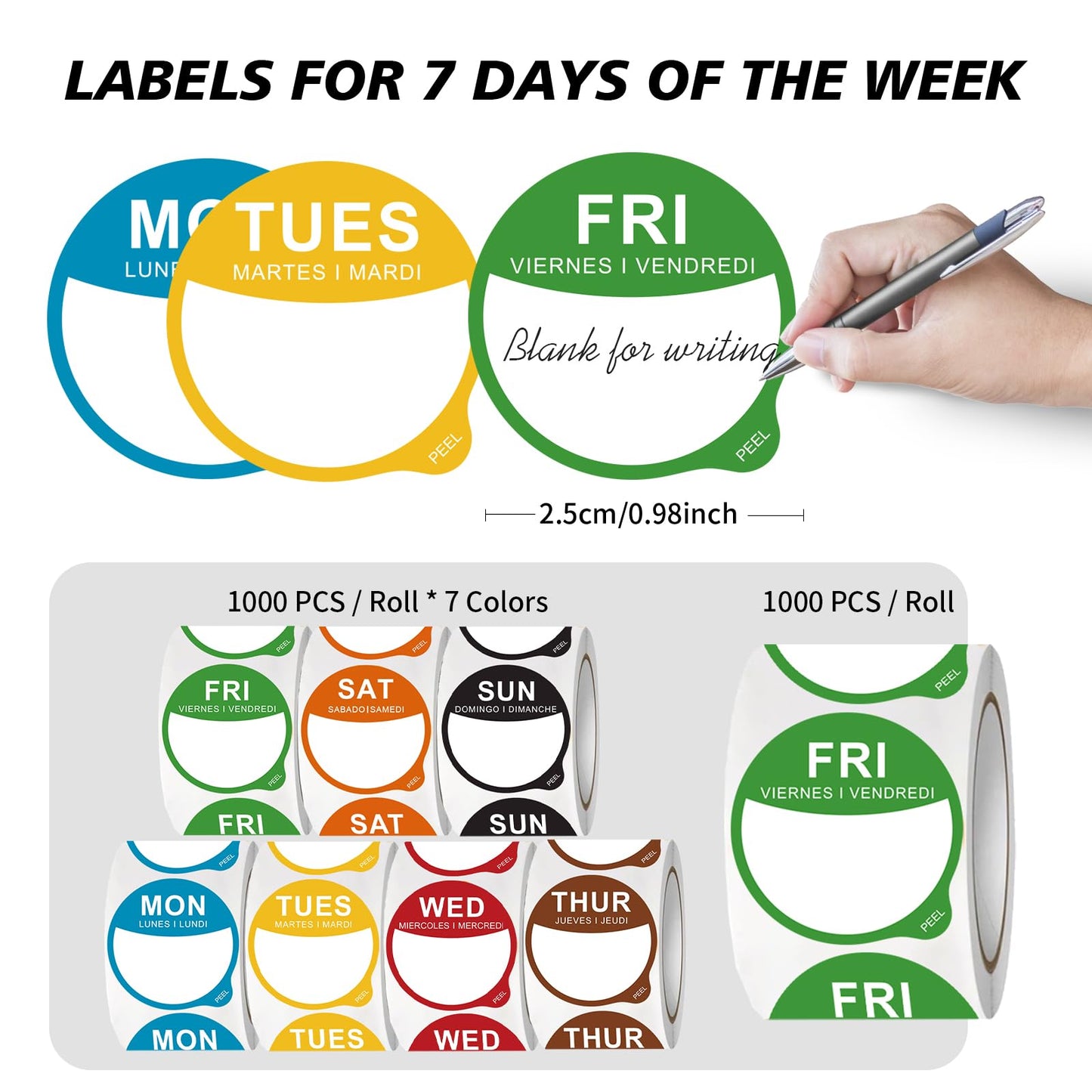 7000 Pcs 1 Inch Days of The Week Stickers, Removable Date Dots Food Labels Peel Tab(Mon-Sun) for Container Bottles, Kitchen Freezers, Restaurant Inventory Management Supplies(1000 pre-Cut per roll)