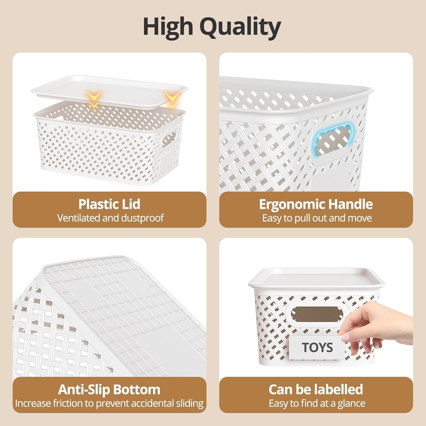 Plastic Storage Bins - Stackable Organizing Baskets with Lids | 8-Pack, 10.2x7.2x4.1 Inches, White