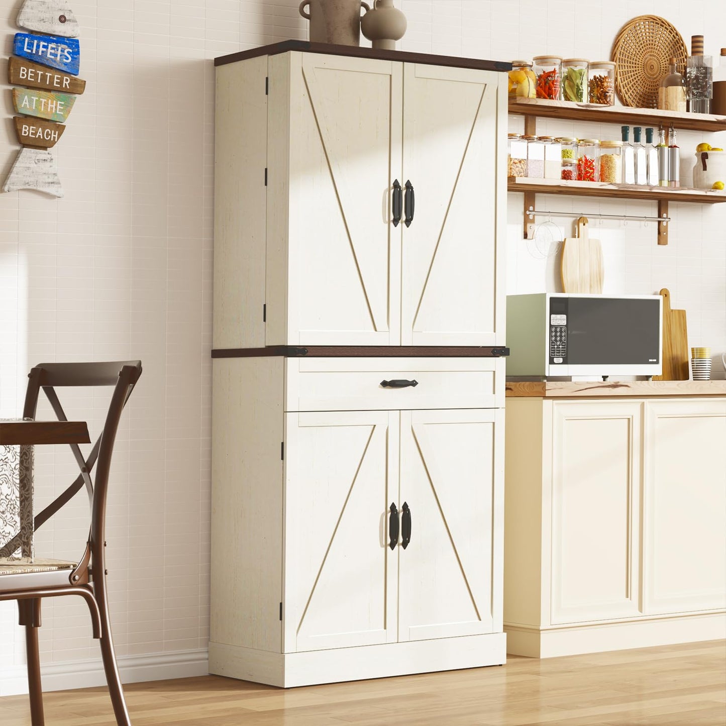 71" Tall Kitchen Pantry Cabinet with 3 Drawers, Farmhouse Storage Cabinet with 6 Barn Door Shelves,with Load-Bearing Steel Pipe and Adjustable Shelves,Pantry Organizer for Kitchen,Living Room(White)