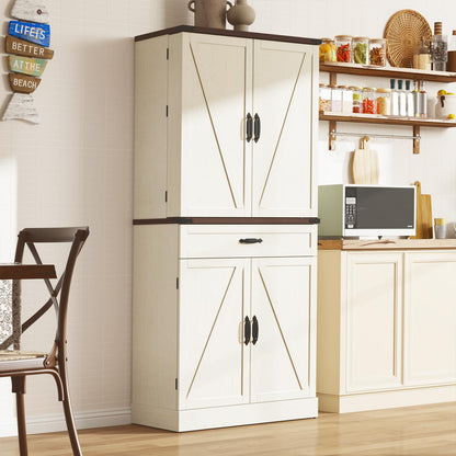 71" Tall Kitchen Pantry Cabinet with 3 Drawers, Farmhouse Storage Cabinet with 6 Barn Door Shelves,with Load-Bearing Steel Pipe and Adjustable Shelves,Pantry Organizer for Kitchen,Living Room(White)