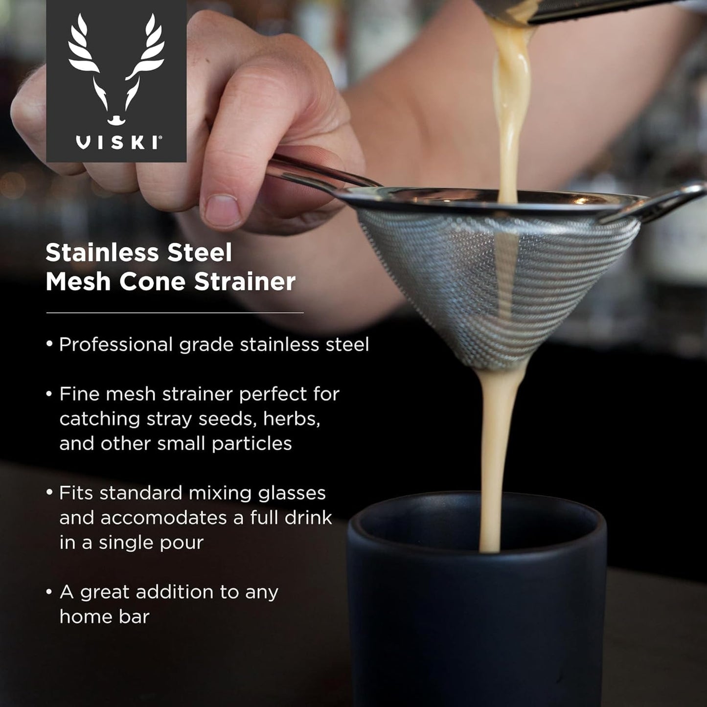 Viski Cone Strainer, Fine Mesh Stainless Steel Bar Tool, Small Cocktail Strainer, 9.24in