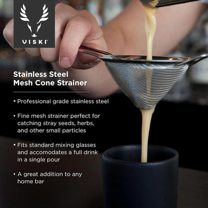 Viski Cone Strainer, Fine Mesh Stainless Steel Bar Tool, Small Cocktail Strainer, 9.24in