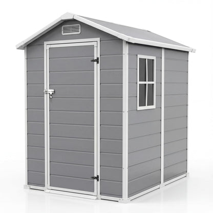 Outdoor Storage Shed with Floor, Plastic Resin Garden Shed with Window & Sloping Roof & Lockable Door for Patio Backyard Garden, Lawn Mower, Bike, Tool Storage (Light Gray, 4' x 6')