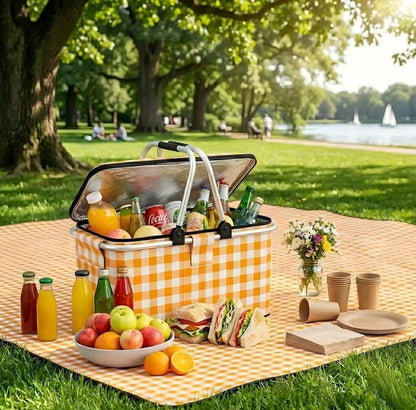 22L Collapsible Picnic Basket with Insulated Cooler, Includes Oversized 80"x80" Waterproof Blanket, Leakproof Aluminum Frame Market Grocery Tote for Family Camping, Beach & Outdoor Dates Yellow Plaid