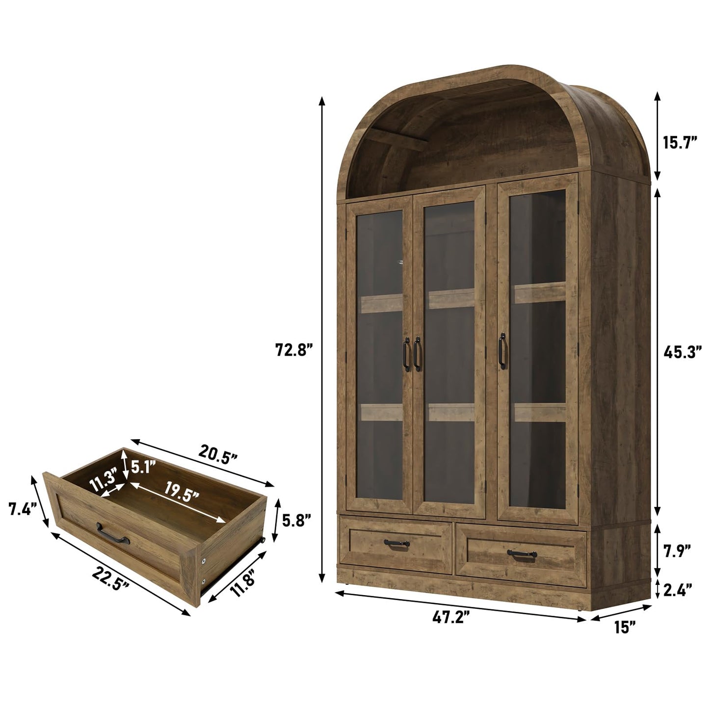 chartustriable 73" Tall Arched Kitchen Pantry Cabinet w Load-Bearing Steel Pipe,Modern Farmhouse Kitchens Storage Cabinet with Drawer and Glass Doors,Tall Arched Bookcase,Pantry Organizer(Natural)
