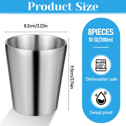 Oqqlin 8 Pcs 10 Oz Stainless Steel Cups, Metal Double Wall Vacuum Tumbler Silver Stackable Unbreakable Drinking Glasses for Party, Camping, Home, BBQ