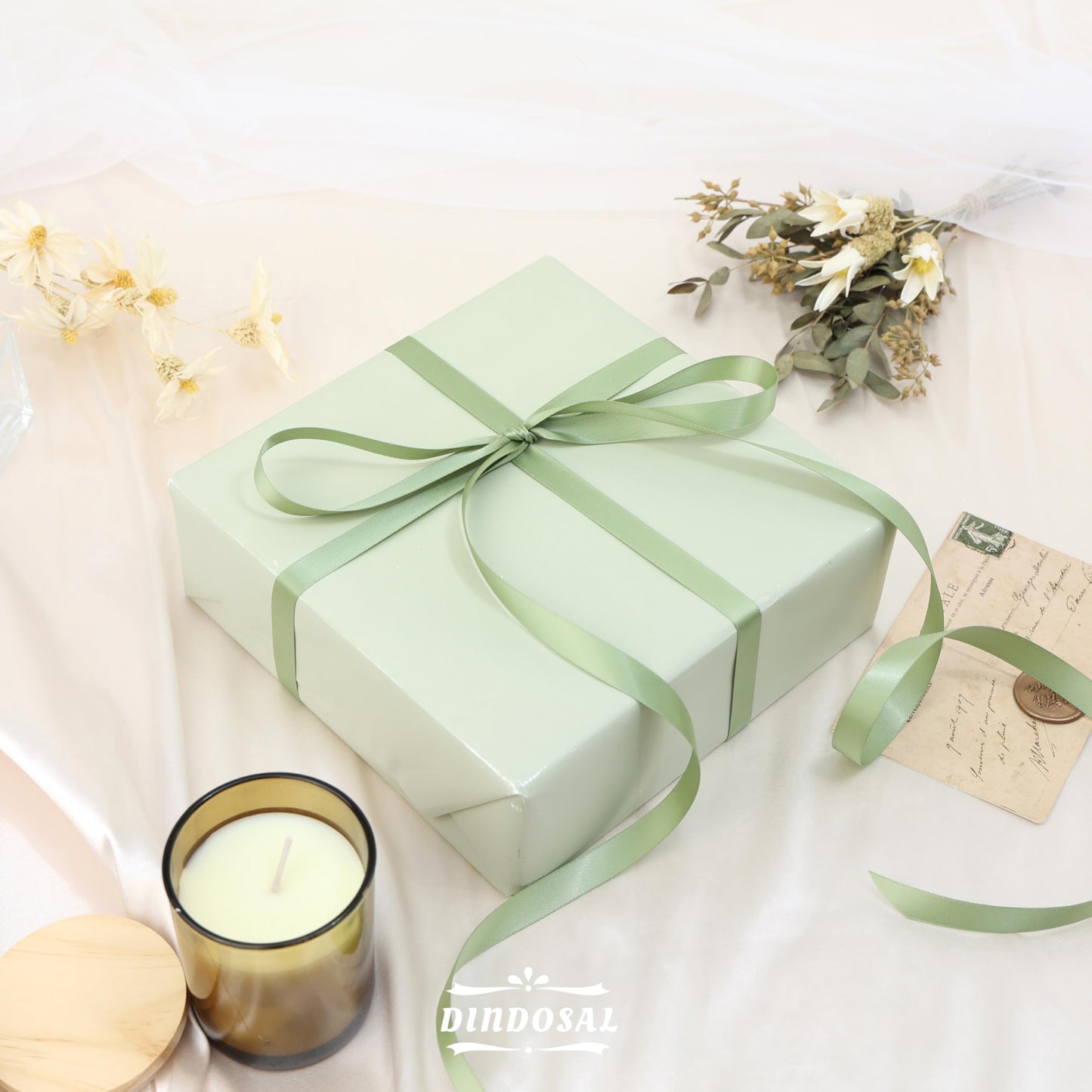 DINDOSAL Sage Green Satin Ribbon, 1/2 Inch x 50 Yards, Thin Ribbon for Wedding Decor, Gift Wrapping, Hair Bows, Baby Shower, Invitations, Bouquet Wrap