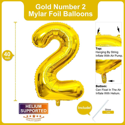 Lovoir 40 Inch Large Gold Number 2 Balloon: Jumbo Size Mylar Foil Helium Balloons for Birthday Party Decorations
