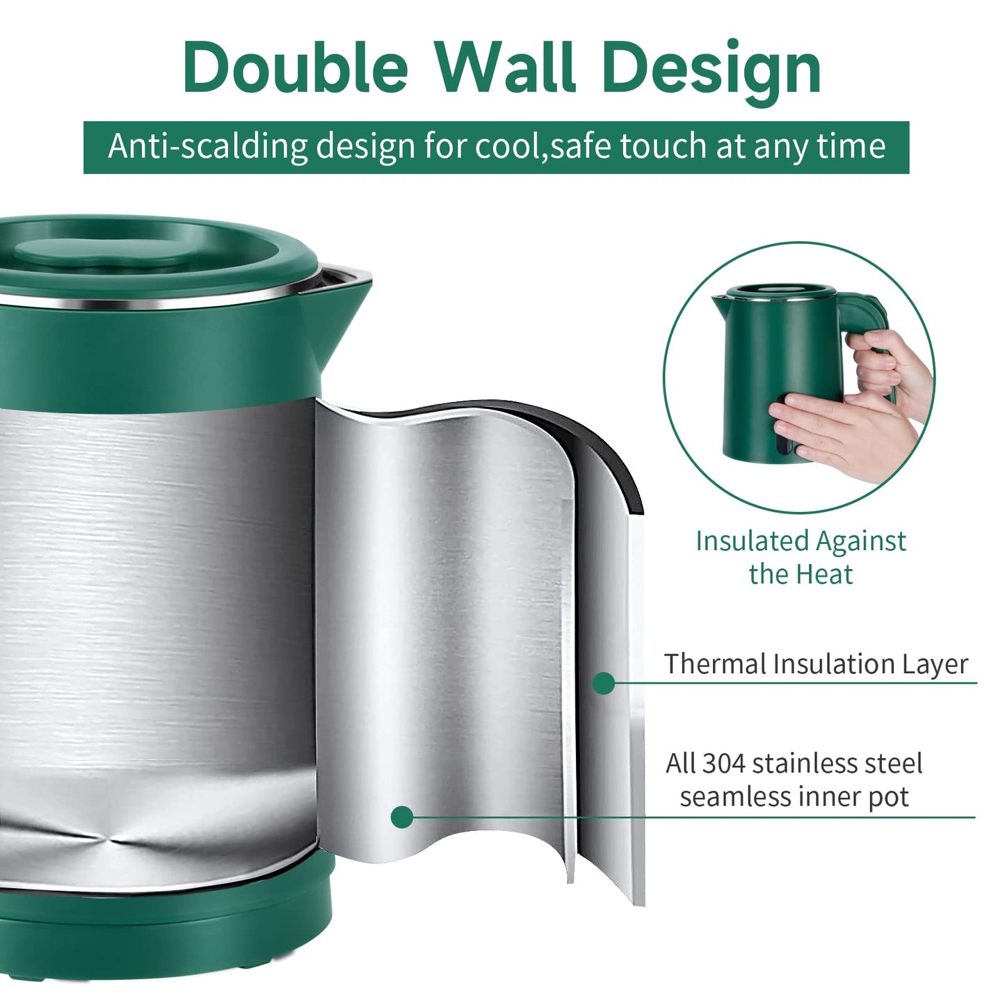 Small Electric Tea Kettle Stainless Steel, 0.8L Portable Mini Hot Water Boiler Heater, Travel Electric Coffee Kettle with Auto Shut-Off & Boil Dry Protection (Green)