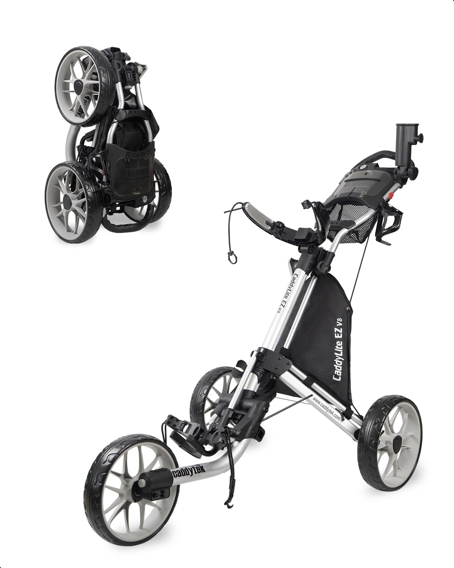 Caddytek CaddyLite EZ V8 Golf Push Cart - Lightweight 3 Wheel Foldable Cart with One-Click 2-Step Folding, EVA Wheels, Adjustable Handle, Cooler Basket, Umbrella & Drink Holder, Compact Golf Cart