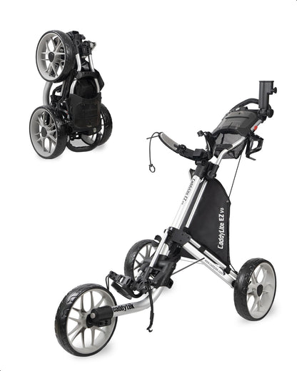 Caddytek CaddyLite EZ V8 Golf Push Cart - Lightweight 3 Wheel Foldable Cart with One-Click 2-Step Folding, EVA Wheels, Adjustable Handle, Cooler Basket, Umbrella & Drink Holder, Compact Golf Cart
