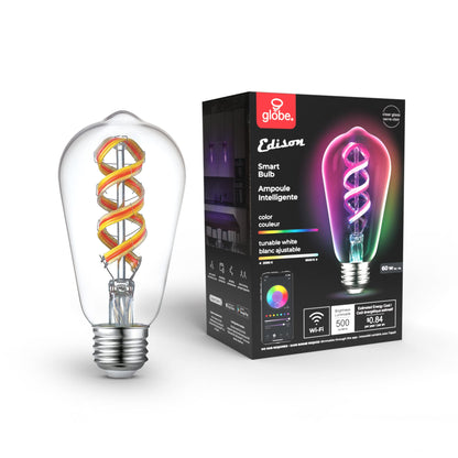 GLOBE Electric 34919 Wi-Fi Smart 5.5W (60W Equivalent) Straight Filament Tunable White Amber Glass LED Light Bulb, No Hub Required, Voice Activated, 2000K - 5000K, Vintage Edison Style, 500 Lumns