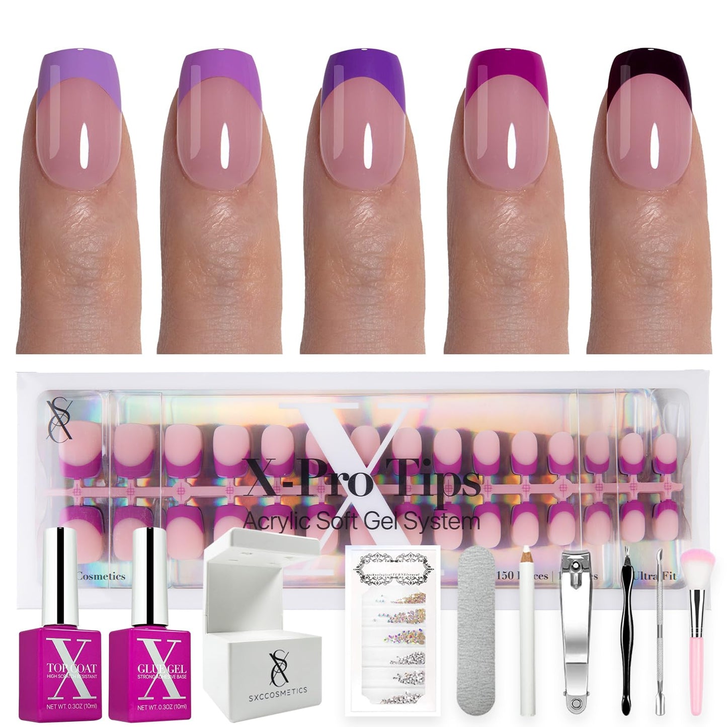 SXC Cosmetics French Tip Press On Nails - Skin Tone Nude and Color Series, Short Coffin X-Pro Tips Starter Kit ST119KIT