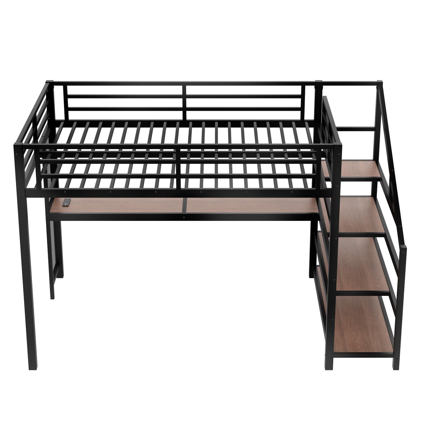 Queen Size Loft Bed with Desk and Storage Stairs, Metal Loft Bed Frame with LED Lights, Charging Station, and Multi-function Iron Nets, Loftbed for Kids, Teens, Adults, Noise-free, Black and Wood