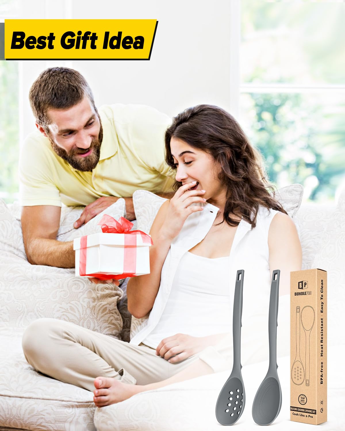 Pack of 2 Silicone Cooking Spoons, Non Stick Solid Kitchen Spoon with Measuring Marks & Back Hooks, Heat Resistant Silicone Slotted Spoon for Cooking, Mixing, Stirring,Serving (GRAY)