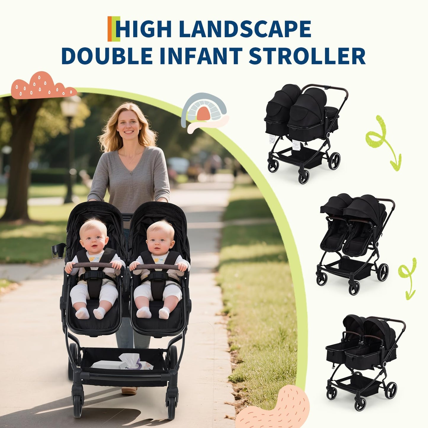 Double Stroller for Twins, Lightweight Side by Side Baby Stroller for Infant & Toddler, High Landscape Double Seat, One-Click Stroller with Adjustable Canopy, Reclining Seats & 5-Point Harness