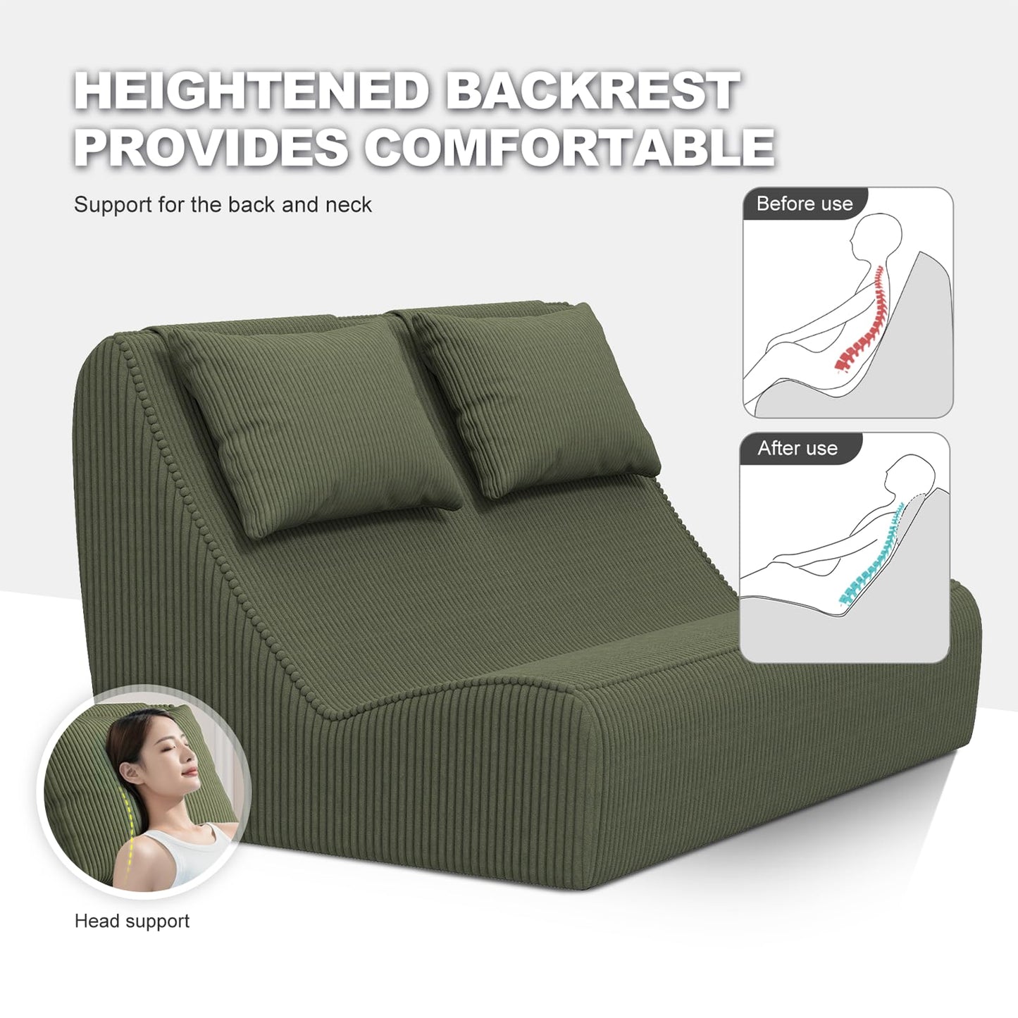Giant Bean Bag Chair for Adults - Indoor Chaise Lounge with Pillows & Ottomans, Upholstered Loveseat Floor Sofa Chair for Reading, Gaming, Napping, and Movies (Olive Green)