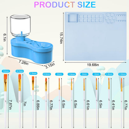 Mikiwon Painting Station, Paint Brush Cleaner and Silicone Art Mat 20"X16" with 10 Paint Brushes, Paint Brush Rinser, Art Supplies Set (Blue)